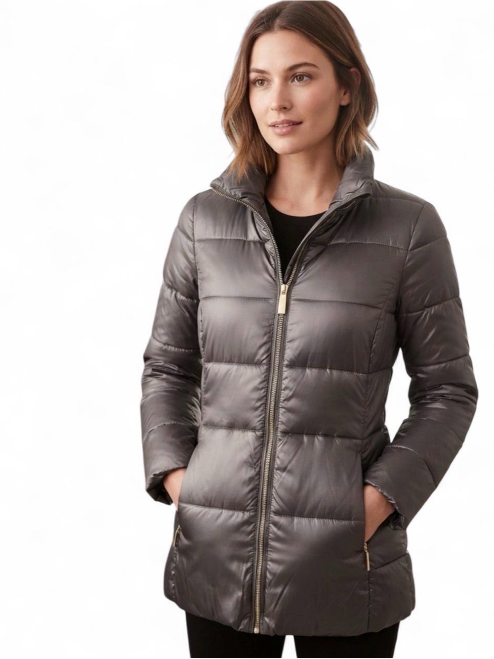 Michael Kors Metallic Gray Quilted Puffer Coat